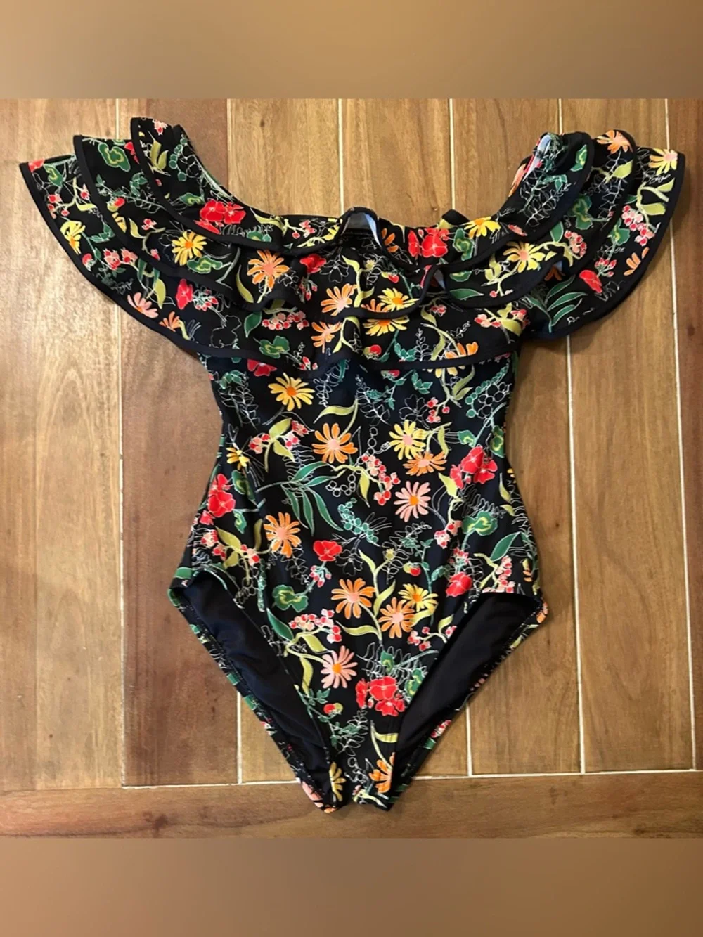 KATE SPADE Black Floral Off-Shoulder Ruffle‎ One-Piece Roof top Garden. XS.